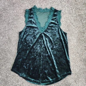 Crushed Velvet Lace Trim Tank Womens Small Green Top Whimsigoth V-neck Shirt - Picture 1 of 5