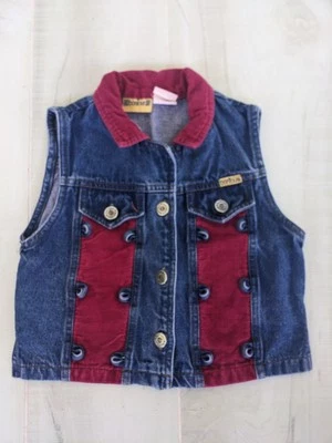 Colete jeans vintage Bonjour azul jeans com listras vermelhas de veludo para meninas tamanho 6  - Imagem 1 de 4