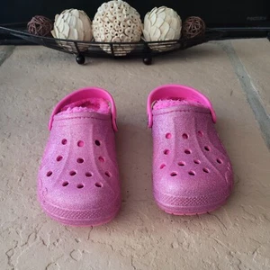 Size J 1 CROCS Classic Lined Pink Glitter Kids Clog - Picture 1 of 6