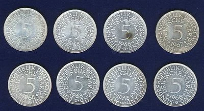 GERMANY  5 MARK SILVER COINS: 1967-F, 1968-D, 1968-F, 1968-G, GROUP LOT OF (8) - Image 1 of 2