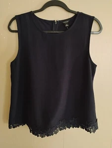 NWT-M -ANN TAYLOR Women's 'SCALLOPED BOTTOM' Navy Blue SLEEVELESS TANK TOP - Picture 1 of 6