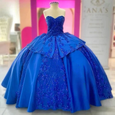 Vestidos de quinceañera azul real apliques de lentejuelas sin espalda vestidos de fiesta de cumpleaños Foto 1 de 4