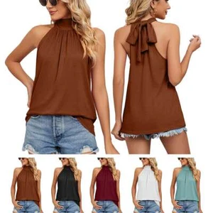 Women Halter Neck Tank Tops Vest Ladies Sleeveless Holiday Beach Blouse Tees - Picture 1 of 17