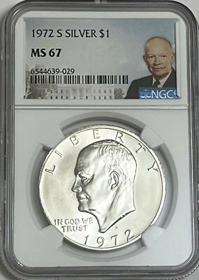 1972 S $1 NGC MS67 Silver Eisenhower Dollar Mint State Ike 40% Portrait Label - Image 1 of 3