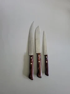 Vtg Flint Stainless Vanadium Knives-3-Made In USA Wood Handles Serrated Blades - Bild 1 von 21