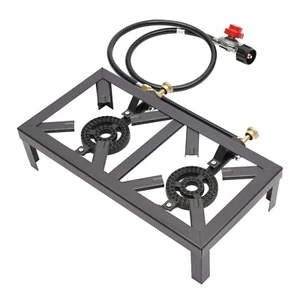 Double Propane Gas Burner Stove Camping BBQ Cooker Cooking With Regulator Hose - Picture 1 of 20
