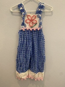 Vintage Chenille Latzhose Gr. 4/5 Mädchen blau Blumen Chenille Handarbeit - Bild 1 von 6