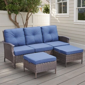 3PCS Outdoor Rattan Furniture Set Patio Couch Sofa Ottoman Set w/ Blue Cushion - Picture 1 of 8