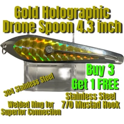 Gold Holographic Drone Trolling Spoon 11cm 4.3 Inches With Mustad Hook - Image 1 of 4