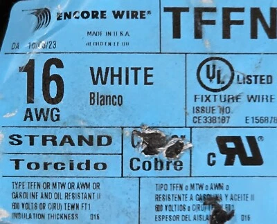 Encore Wire & Cable  #16awg 26 Stranded TFFN/AWM/MTW Building Wire White /100ft - Image 1 of 4