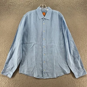 Hugo Boss Shirt Mens Large Button Up Long Sleeve Linen Boss Orange Blue - Picture 1 of 9