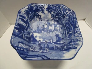 VICTORIA WARE IRONSTONE FLOW BLUE TRANSFER Old Time Scene SQUARE BOWL 8.25" wide - Picture 1 of 9