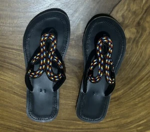 Beaded Women African Slippers Sandals Bohemian Summer Leather Masai Kenyan Black - Picture 1 of 1
