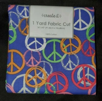 1 Yd Bright Peace Signs Precut 100% Cotton Fabric Blue Multi Color Signs - Image 1 of 3