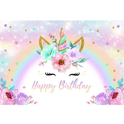 UNICORNIO ARCO IRIS ORO PÚRPURA PERSONALIZADO FIESTA CUMPLEAÑOS BANNER TELÓN DE FONDO Foto 1 de 3