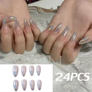 False nails Long Pointed Cat Eye Velvet Effect Luxury 24PK + nail tabs BN46 - Picture 1 of 1