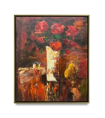 Hungryartist - Pintura Original de Bodegón Rosa y Vino sobre Lienzo 20x24 Enmarcado Foto 1 de 4