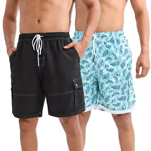 Mens Beach Shorts Summer Swim Trunks Stretch Quick Dry Swimwear Pants (2 Pack) - Picture 1 of 35