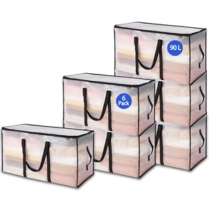 90L 6 Pack Large Cloth Storage Bags Duvet Bedding Clothing Organizer with Zip - Picture 1 of 12