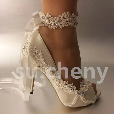 Su.cheny Abierto Peep Toe Tacón Blanco Marfil Satinado Cinta Boda Novia Tacones Zapatos Foto 1 de 4