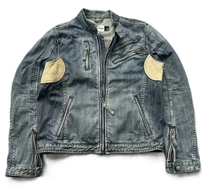 $599 Designer ENERGIE Men's Rare Blue Diesel Leather Trim Denim Jeans Jacket M - Picture 1 of 13