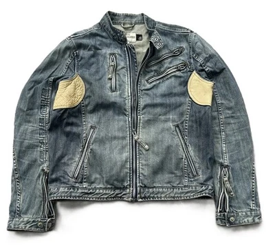 $599 Designer ENERGIE Men's Rare Blue Diesel Leather Trim Denim Jeans Jacket M - Image 1 of 4