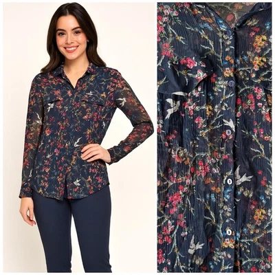 Blusa de seda The Kooples azul pájaro azul marino transparente con botones manga larga talla S/4 Foto 1 de 4