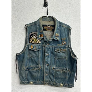 Vintage Harley Davidson Denim Vest Mens Biker Embroidered With Pins Size L - Picture 1 of 11