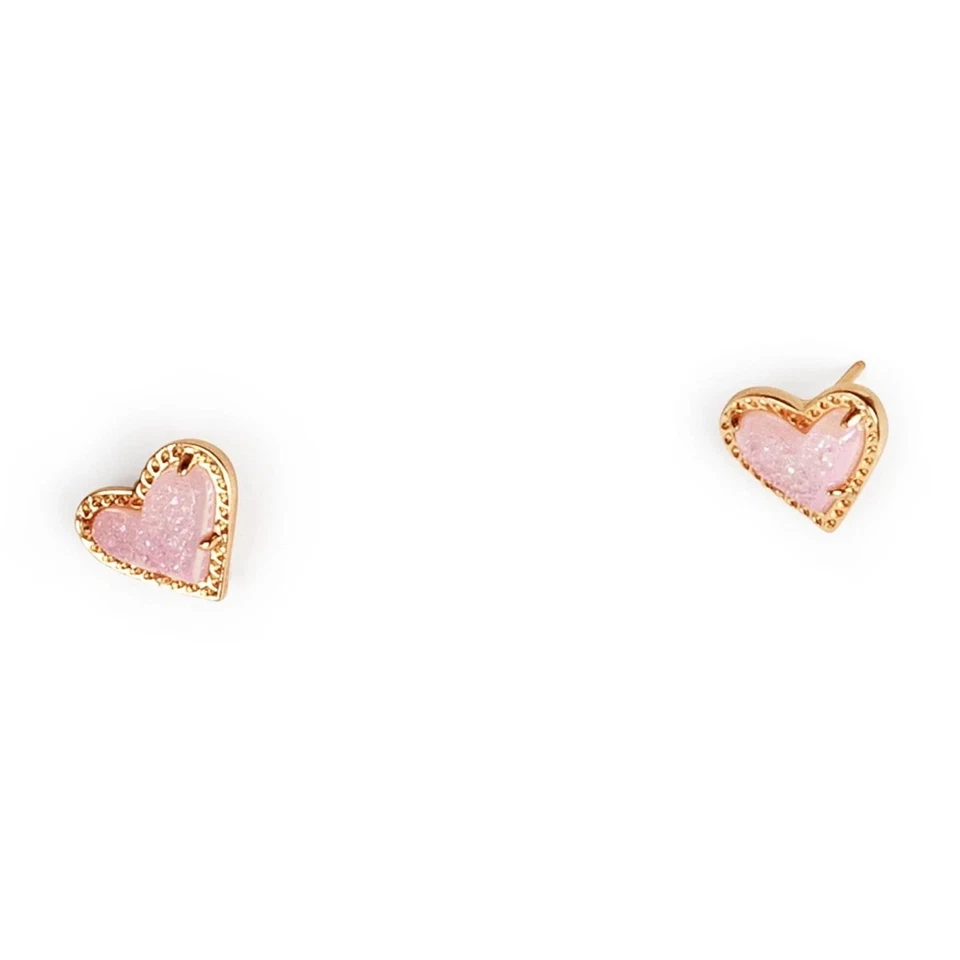 Kendra Scott Ari Heart 14k Rose Gold Plate Stud Earrings Pink Iridescent DRUSY