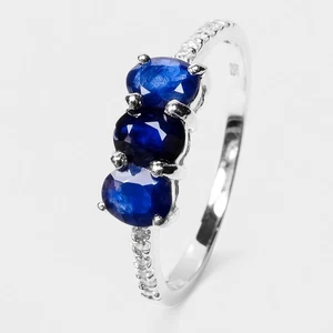 925 Sterling Silver Classically Blue Sapphire 1.46Ct Three Stone Rings Size 8.75 - Picture 1 of 10