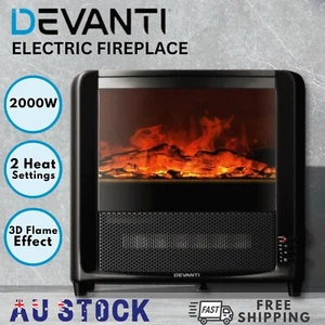 Devanti Electric Fireplace Heater 2000W Freestanding 3D Flame Log Effect Black - Picture 1 of 9