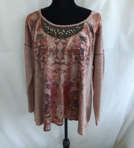 Top donna One World 2x marrone chiaro erica collo perline stampa floreale manica lunga - Foto 1 di 7