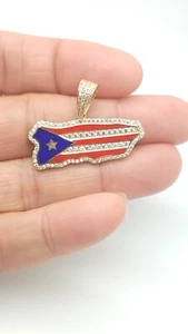 14K Yellow Gold Cubic Zirconia Puerto Rico Map-Flag Pendant - Picture 1 of 5