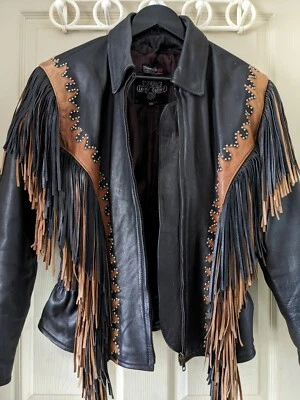 Chaqueta de Motociclista De Colección Rara GALERÍA DE CUERO para Mujer 2 Tonos Flecos Talla Med Excelente ¡BONITA Imprescindible! Foto 1 de 4
