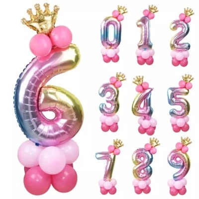 13pcs Set 30" Girls Princess Number Rainbow Crown Balloon Foil Birthday Party UK