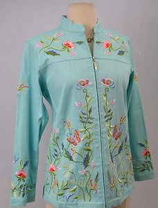 Quacker Factory Pearly Floral Embellished Zip Front Jacket aqua NWT SIZE XS QVC - Picture 1 of 6
