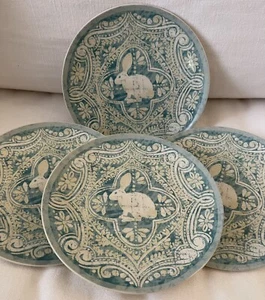 NWT Pottery Barn S/4 GRAPHIC BUNNY Salad PLATES ~EASTER RABBIT~ TURQUOISE Aqua - Picture 1 of 7
