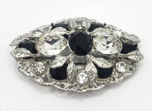 Vintage Large Oval Brooch Black And Clear Stones Silver Tone Silver Leaves - Picture 1 of 12
