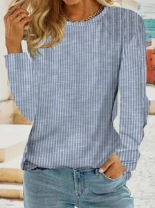 Fashion Women Gray Striped Print Crew Neck Casual Long Sleeve T-shirt Clothing - Picture 1 of 3