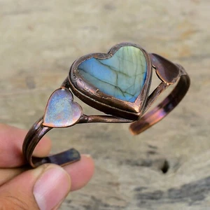 Gift For Women Jewelry Electroformed Heart Adjustable Bangle Copper Labradorite - Picture 1 of 7