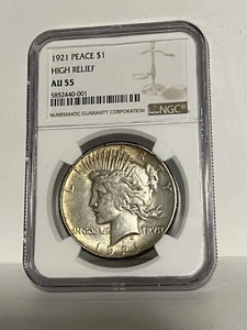 1921 PEACE DOLLAR S$1 NGC AU 55 HIGH RELIEF - Picture 1 of 2