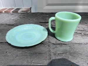 Vintage Fire King Jadite Restaurant Ware Demitasse Cup & Saucer D Handle Set - Picture 1 of 17