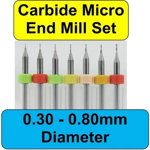0.30mm - 0.80mm Two Flute Up Cut Square End Micro End Mill Set 1/8" Shanks EM1 - Picture 1 of 8