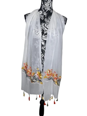 Bufanda blanca floral borlada bufanda transparente ligera boho envolvente chal Foto 1 de 4