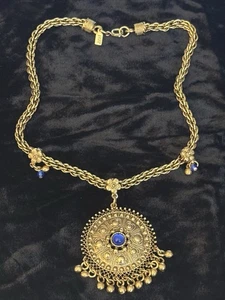 Vintage ‘1928’ Pendant Necklace SIGNED Tag Cobalt Blue Accents Gold Tone 14” - Picture 1 of 6