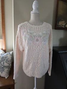Vintage Deb Womens Small/Medium/Large peach sweater with floral detail - Picture 1 of 10
