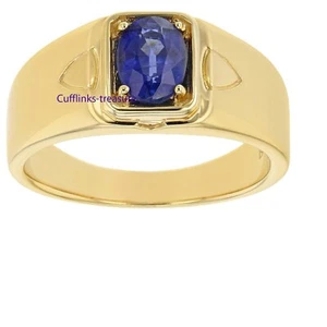Natural Blue Kyanite Gemstone with 925 Sterling Silver Gold Plated Men's Ring #5 - Picture 1 of 5