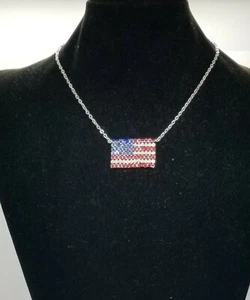 American Flag Necklace Beaded Silver 4th Of July - Picture 1 of 3