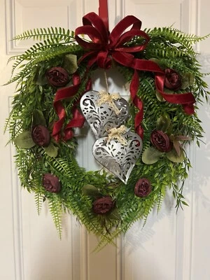 Christmas Wreath with Velvet Cranberry Ribbon Burgundy Peonies, Heart shaped  - Image 1 of 4
