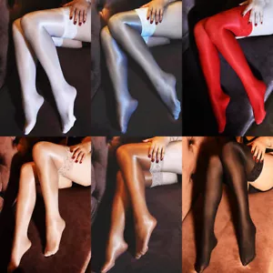 Womens Ultra Shiny Glossy Hosiery Lace Top Silicone Stay Up Thigh High Stockings - Picture 1 of 33